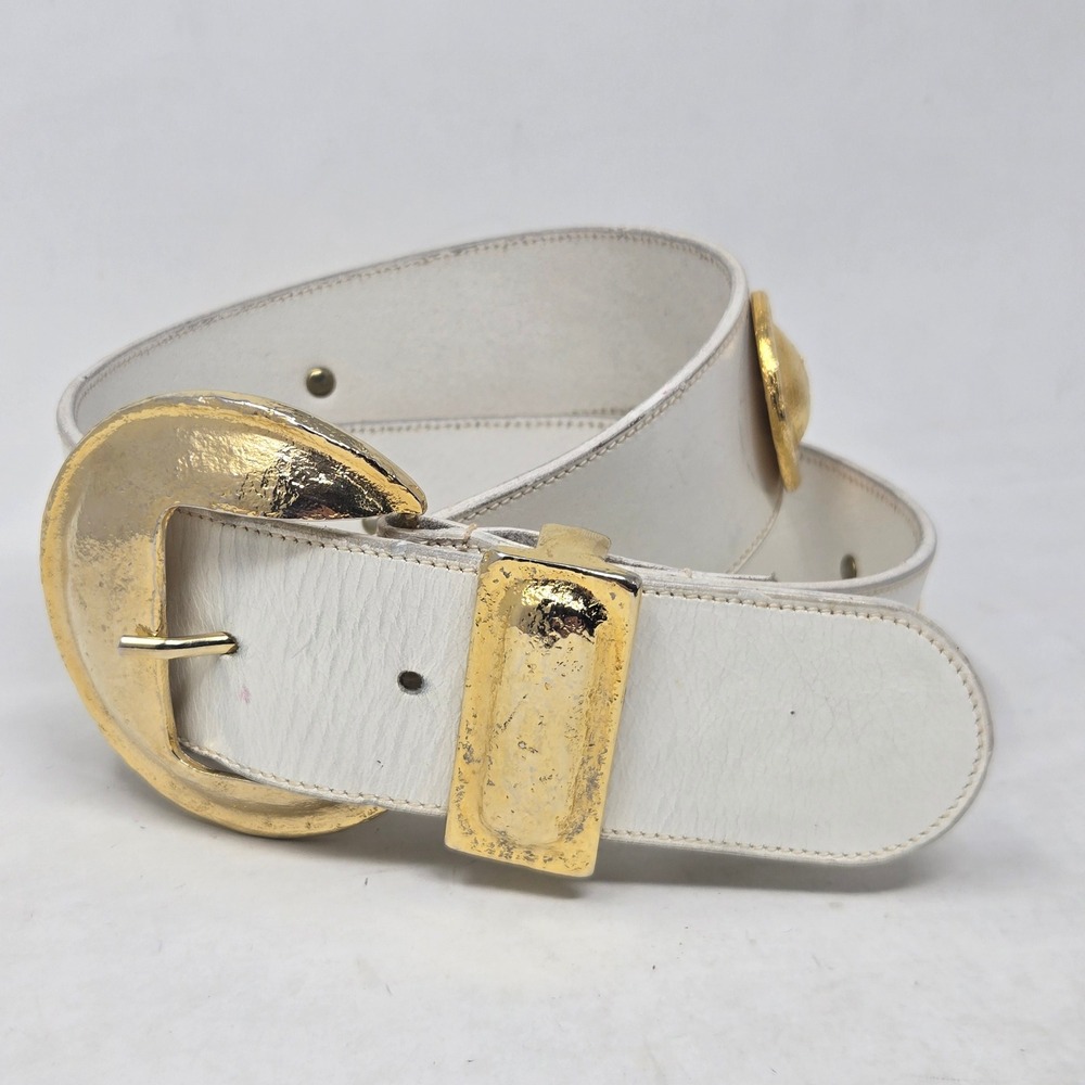Calypso St Barth White Leather Belt Hammered Gold Hardware Made in Italy 34 85